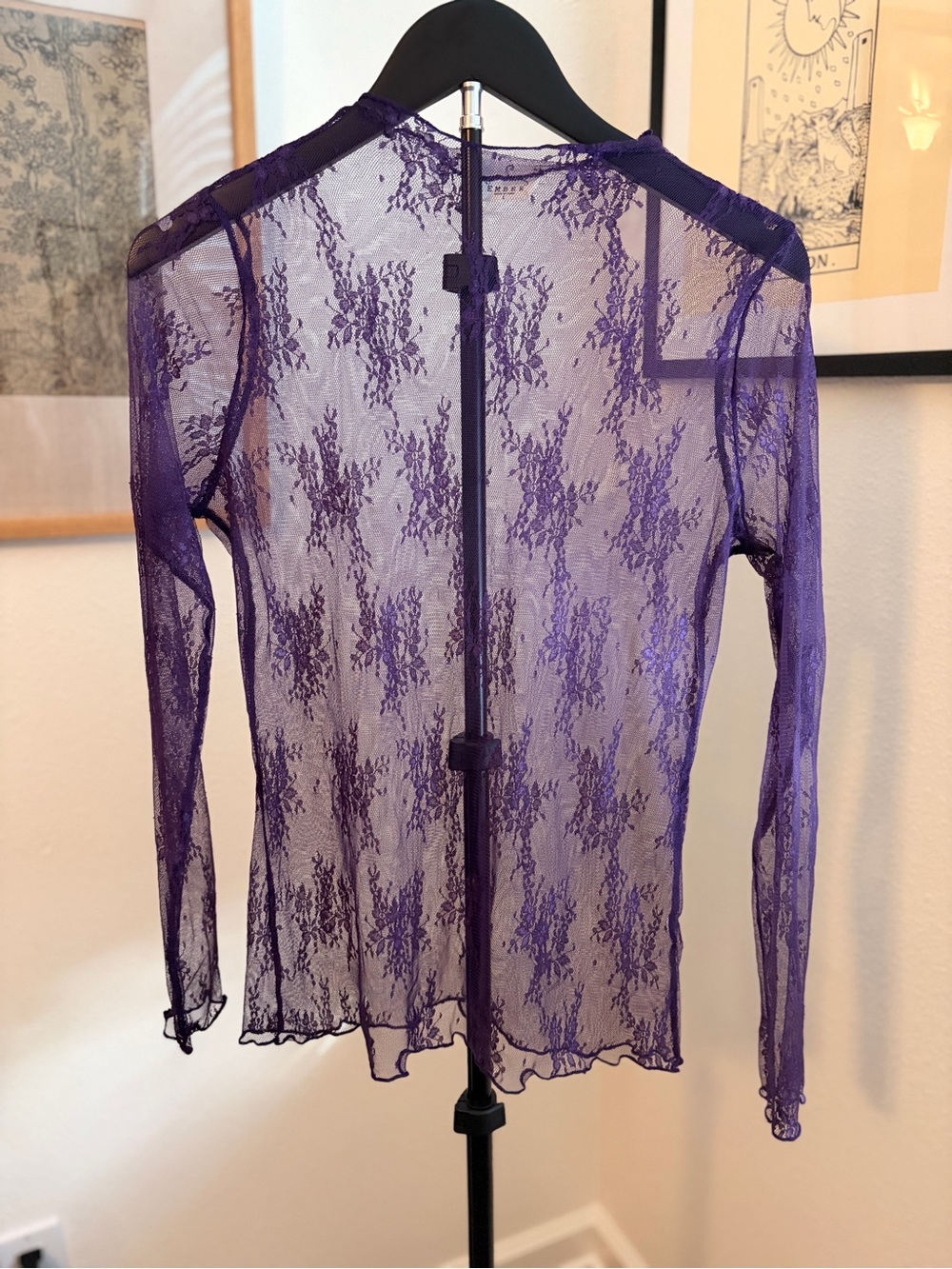 Sheer Floral Lace Long-Sleeve Top - Purple